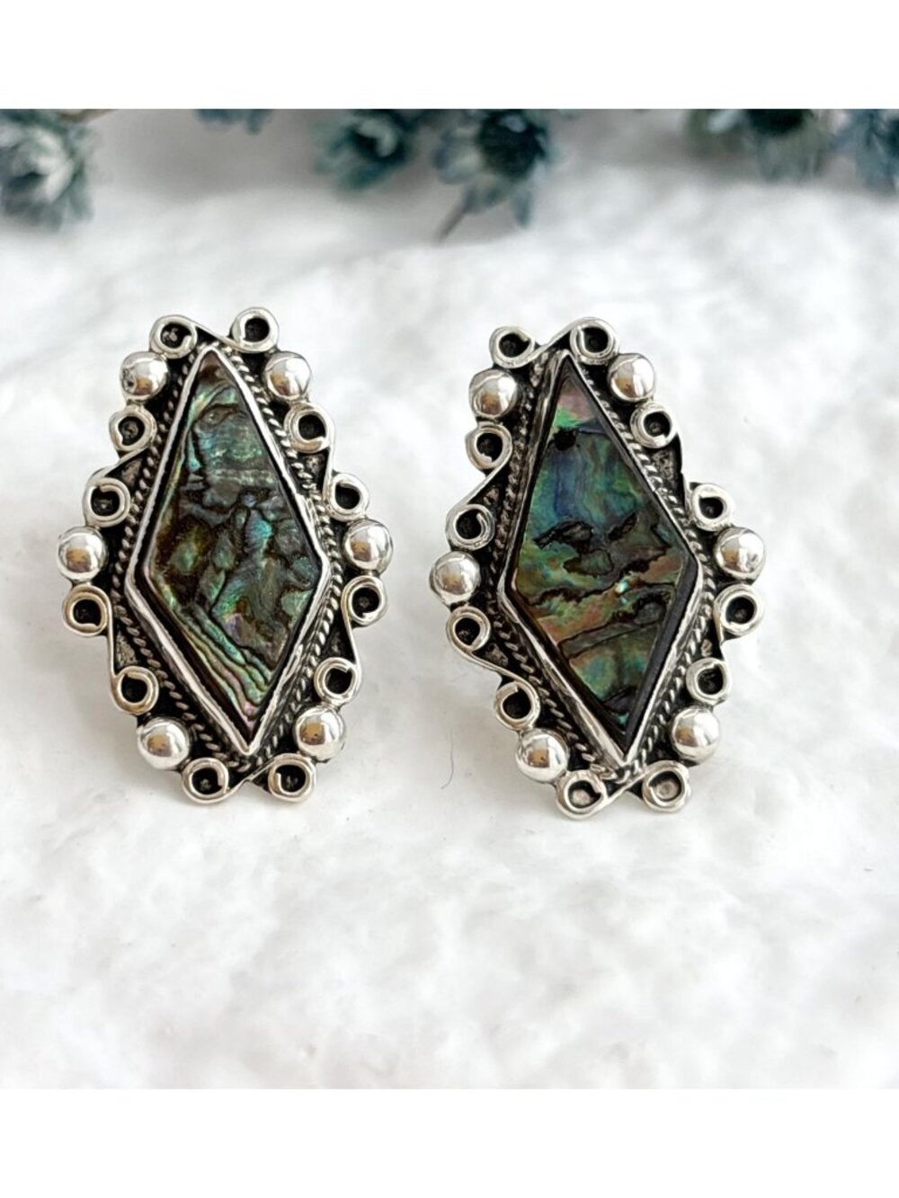 Natural Abalone Mexico Vintage Sterling Silver 925 Stud Screw Back Earrings